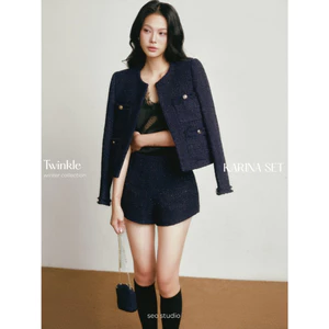 SEO STUDIO - Set áo khoác tweed cúc đồng mix quần short - Karina Set