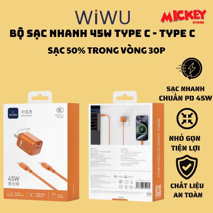 Bộ sạc nhanh WIWU 45W G025 2 công Type C chuẩn chính hãng cho iPhone 15 16 17Promax
