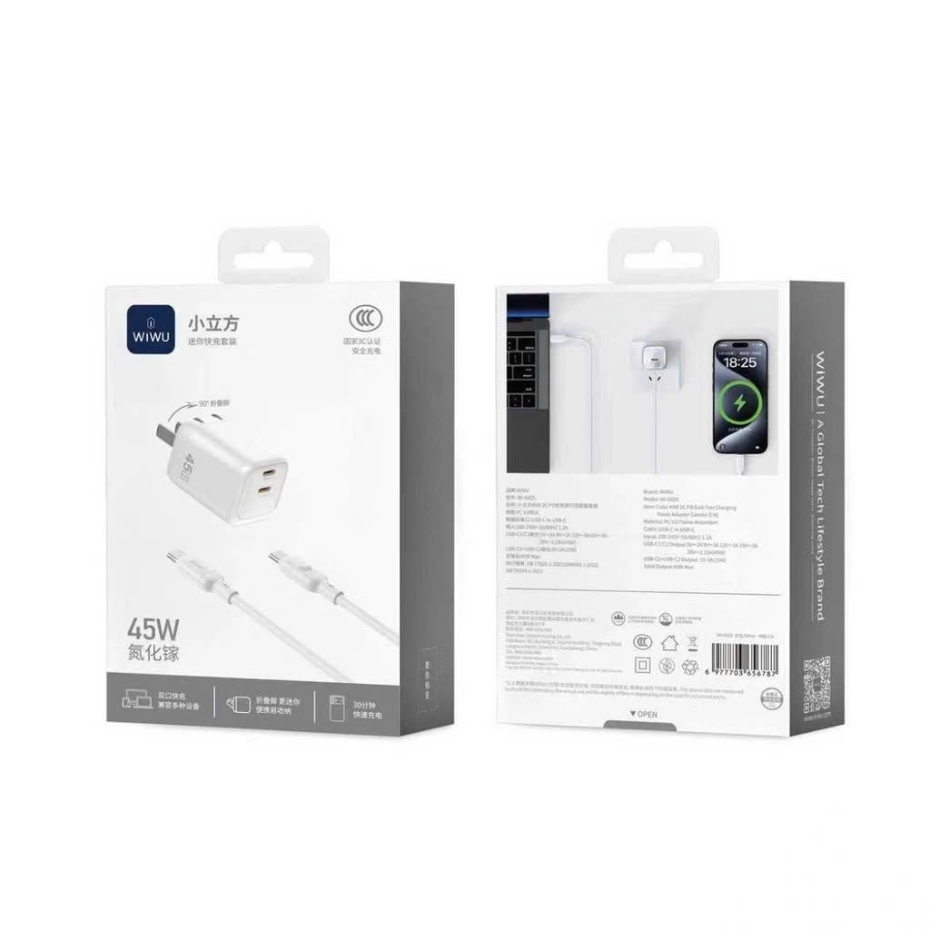 Bộ sạc nhanh WIWU 45W G025 2 công Type C chuẩn chính hãng cho iPhone 15 16 17Promax