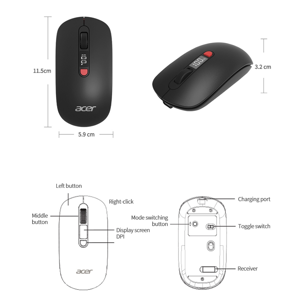 Chuột Không Dây Acer OMR060 Bluetooth & 2.4GHz | Nhấp Chuột Im Lặng | Màn Hình LED Hiển Thị Pin | BigBuy360 - bigbuy360.vn