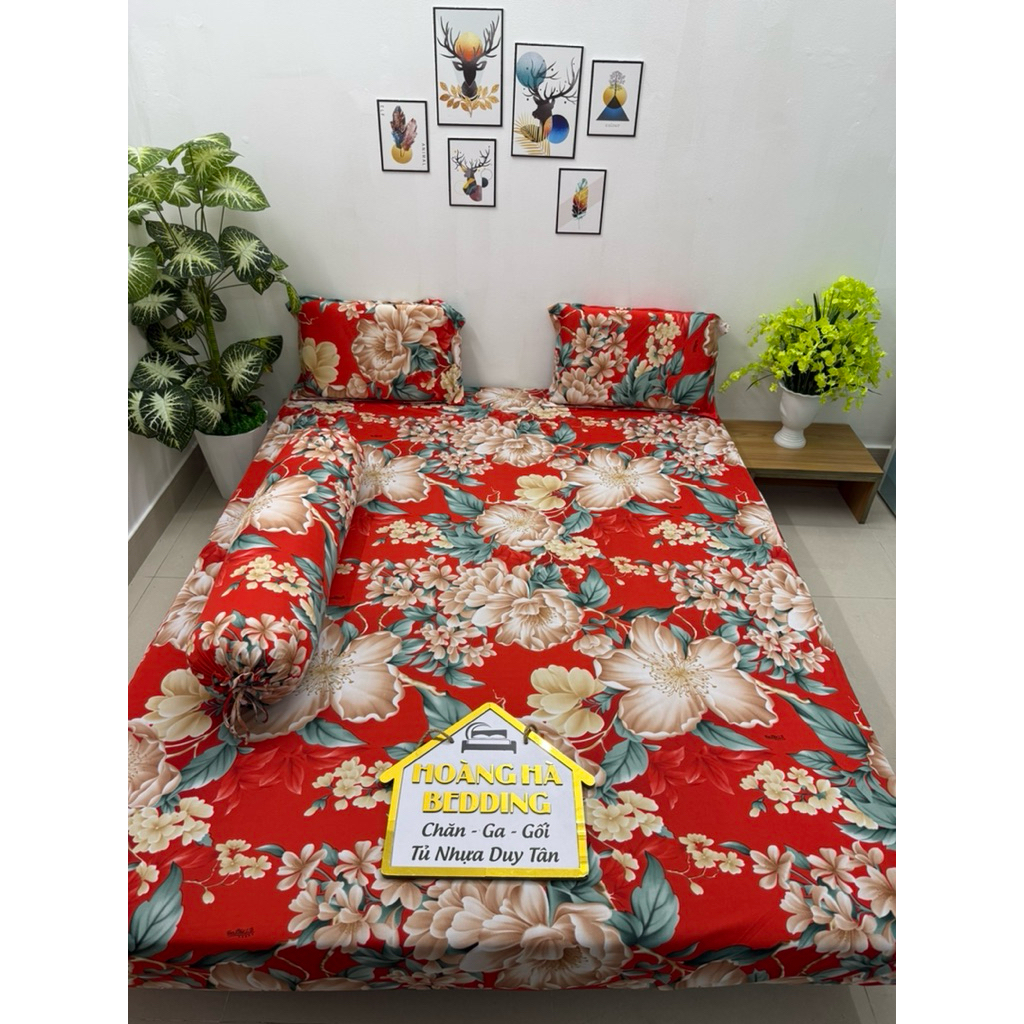 bộ ga thun lạnh Hàn Quốc 4 món hoa đào đỏ (có bộ 2 ôm kéo)