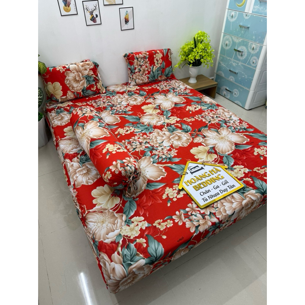 bộ ga thun lạnh Hàn Quốc 4 món hoa đào đỏ (có bộ 2 ôm kéo)