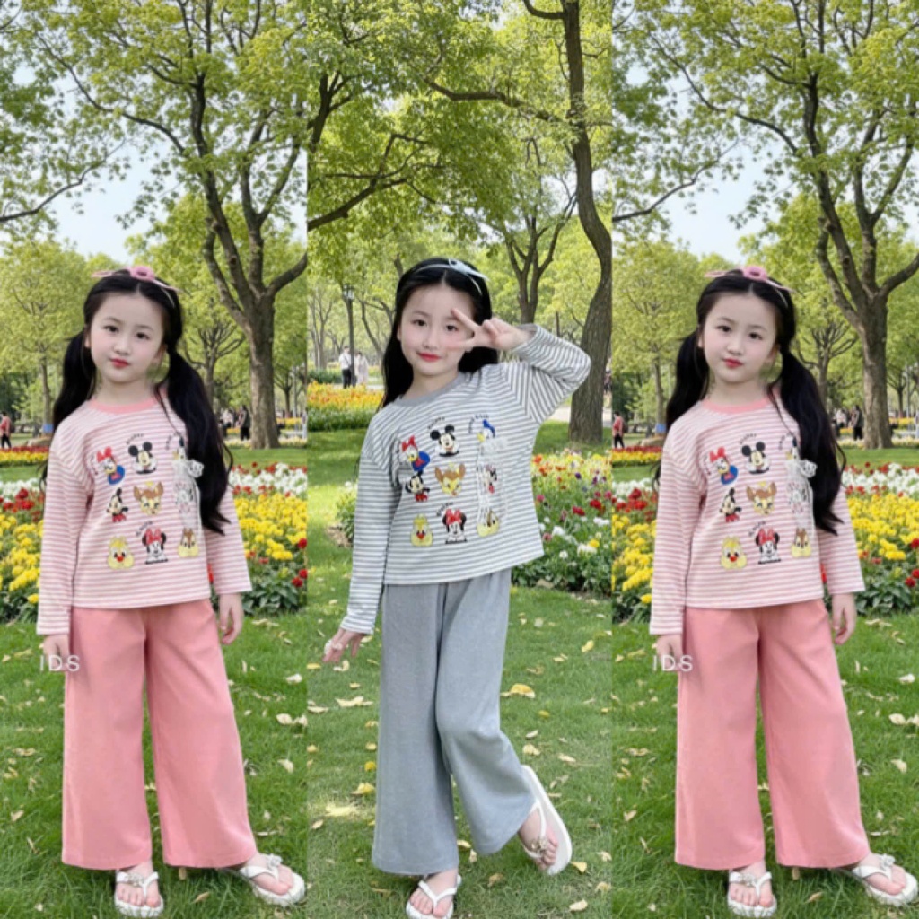 4-15 tuổi.Bộ quần áo ngủ dài tay cho bé gái in hình hoặt hình chất vải tăm lạnh mềm mịn co giãn thoải mái.M52