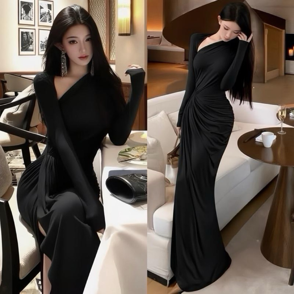 Đầm DÀI XẺ TRƯỚC khoét vai chất ladong dáng dài xẻ trước xếp ly nhúm bụng - XuânMai shop