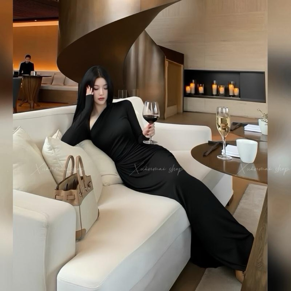 Đầm DÀI XẺ TRƯỚC khoét vai chất ladong dáng dài xẻ trước xếp ly nhúm bụng - XuânMai shop