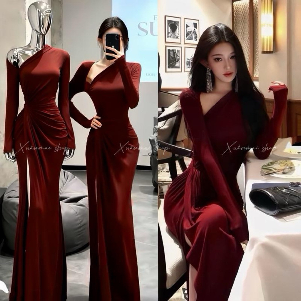 Đầm DÀI XẺ TRƯỚC khoét vai chất ladong dáng dài xẻ trước xếp ly nhúm bụng - XuânMai shop