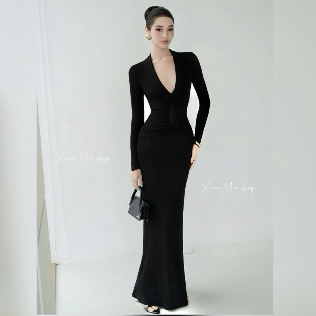 Đầm CỔ V RÚT DÁNG DÀI ôm eo Tay dài Cổ V rút trước XuânMai shop
