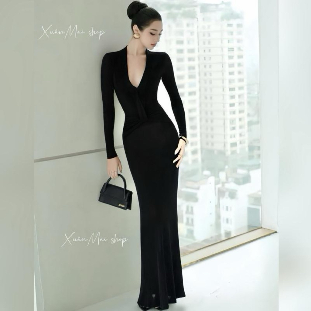 Đầm CỔ V RÚT DÁNG DÀI ôm eo Tay dài Cổ V rút trước XuânMai shop