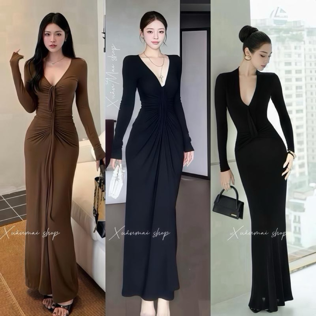 Đầm CỔ V RÚT DÁNG DÀI ôm eo Tay dài Cổ V rút trước XuânMai shop