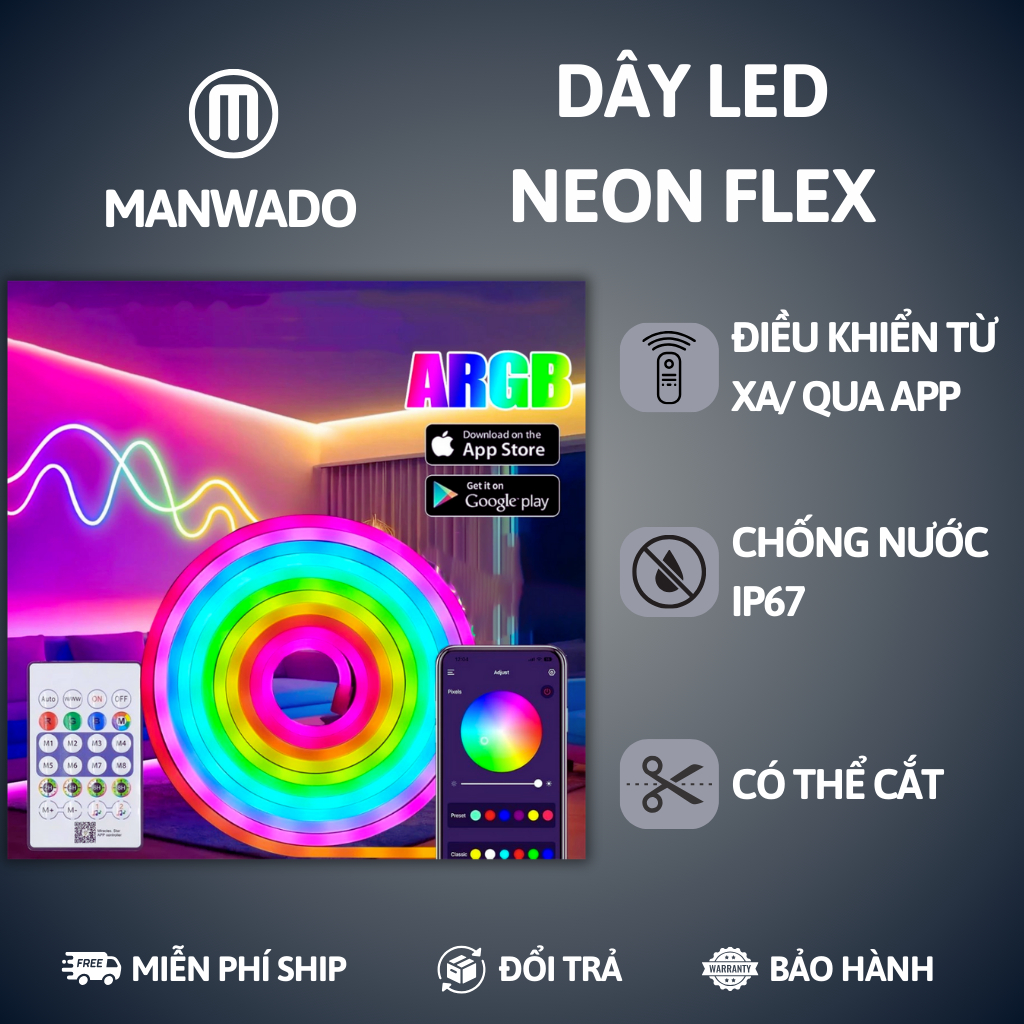 Đèn Neon Flex ARGB Đổi Màu, Dây LED Đuổi Trang Trí Tường Decor Phòng Ngủ Phòng Khách, Noel, Tết