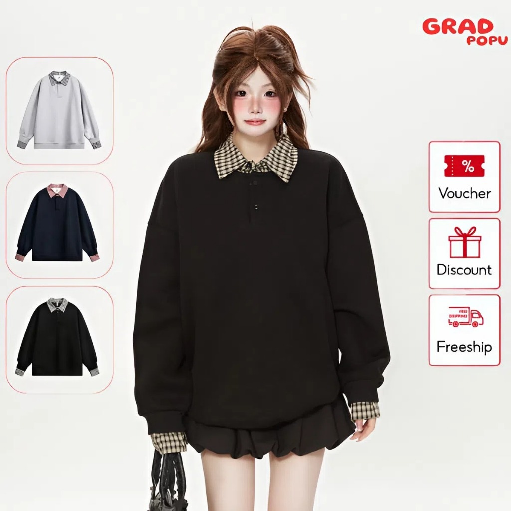 Áo sweatshirt GRADPOPU cổ polo kẻ caro thời trang cho nữ kiểu Hàn Quốc dáng rộng mùa xuân thu PAN38