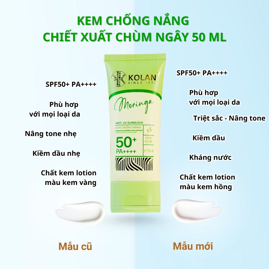 Kem Chống Nắng KOLAN 50ml, Chiết Xuất Chùm Ngây, Giúp Nâng Tone, Ngăn Ngừa Tia UV, Chống Lão Hóa