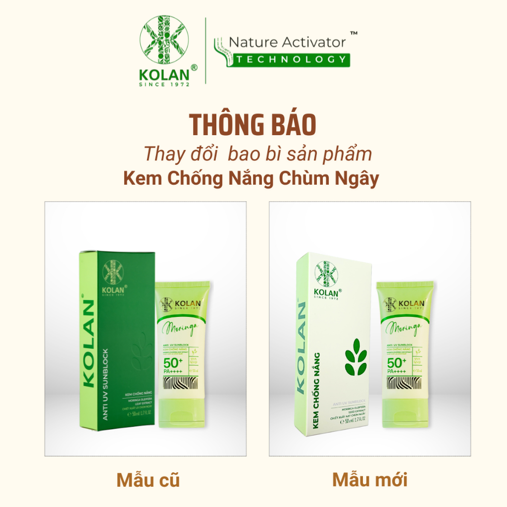 Kem Chống Nắng KOLAN 50ml, Chiết Xuất Chùm Ngây, Giúp Nâng Tone, Ngăn Ngừa Tia UV, Chống Lão Hóa