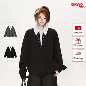 Áo sweatshirt GRADPOPU cổ bẻ kiểu Mỹ cho nữ, mẫu polo dáng rộng thoải mái mùa xuân thu PAN88