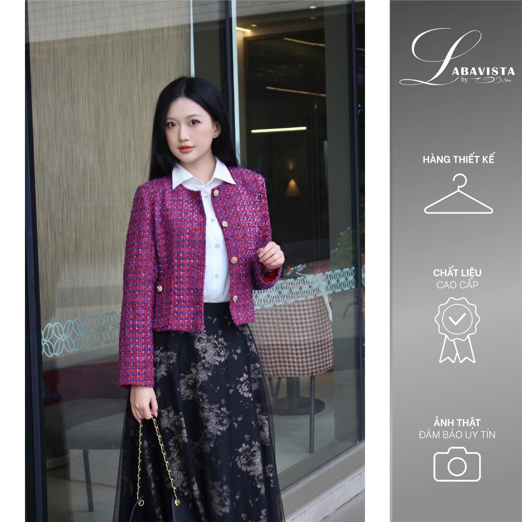 LABAVISTA Áo khoác tweed cổ tròn nút hoa xinh xắn phom tôn dáng sang trọng