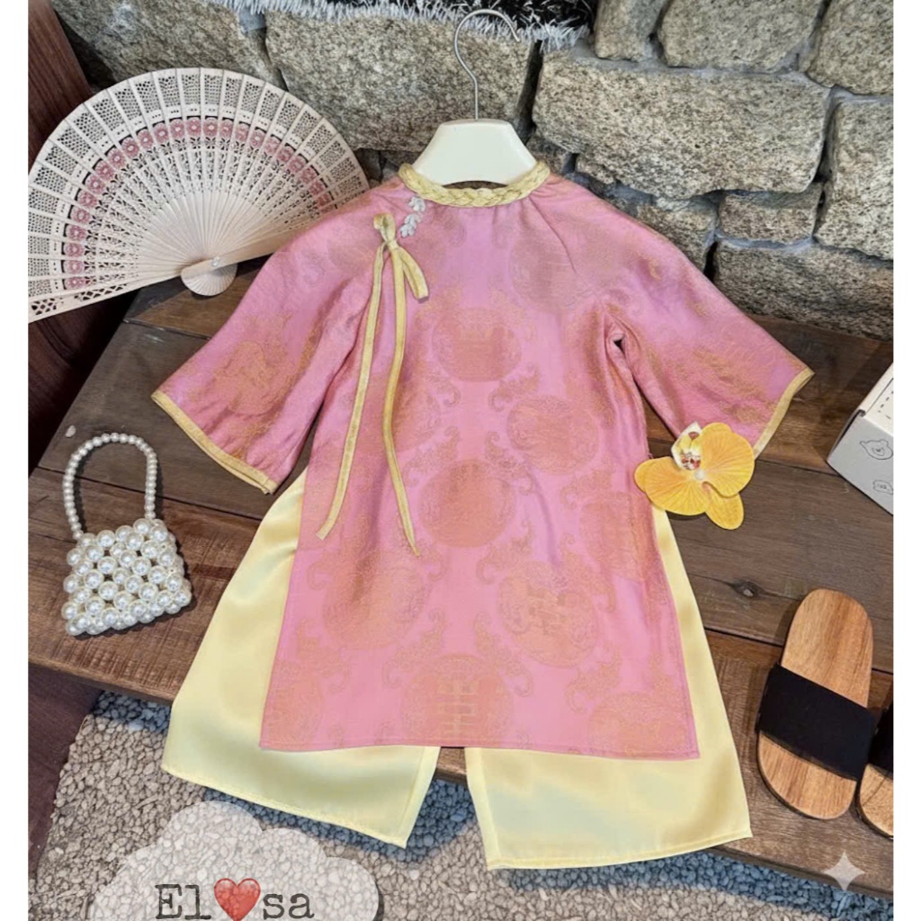(Cao dưới 125cm)  Áo Dài Cách Tân bé gái - SET ÁO DÀI CỔ TẾT NƠ VÀNG SIÊU XINH CHO BÉ 1-8 Tuổi