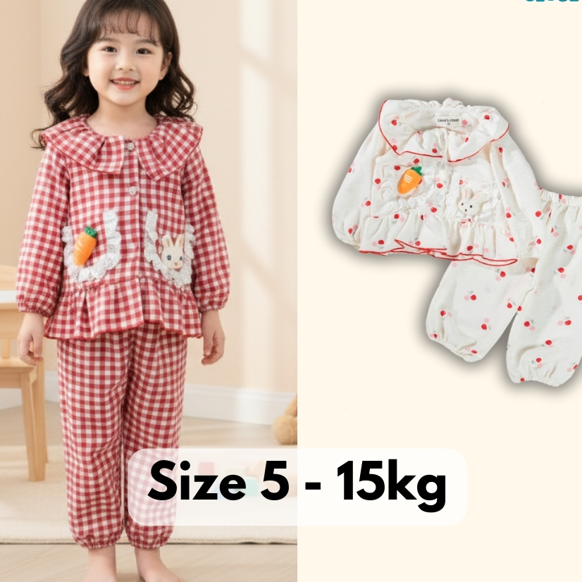 Bộ Quần Áo Bé Gái Dài Tay Vải Đũi Cổ Sen Bèo Thêu Thỏ Cà Rốt Đáng Yêu - Set Đồ Trẻ Em Mặc Nhà, Đi Chơi Tiệm Nhà Bơ