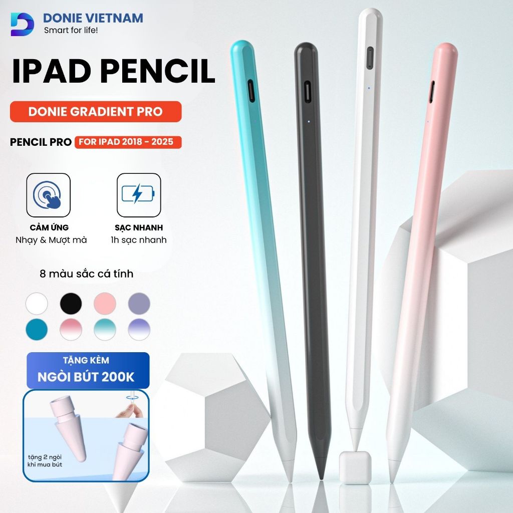 [Tặng ngòi 200K] Bút Cảm Ứng Pencil Màu Gradient Cá Tính, Dùng Cho iPad Gen/Air/Pro 2018+ I DonieVietnam AP04