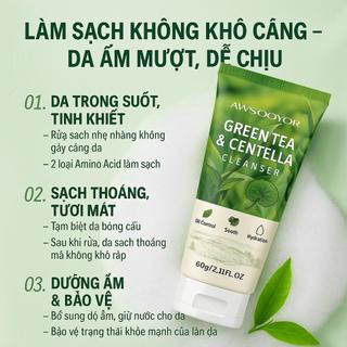 AWSOOYOR Sữa rửa mặt trà xanh rau má 60g rửa trôi lớp kem chống nắng, giúp da bớt dầu, da mềm mại không khô da