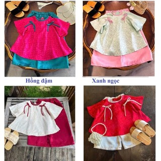 Bộ Bà Ba Mặc Trung Thu Cho Bé Gái Chất Gấm, Sét Quần Áo Tay Lỡ Bé Gái Gấm Lụa Có Nơ Bigsize BB03  - BEEKIDS