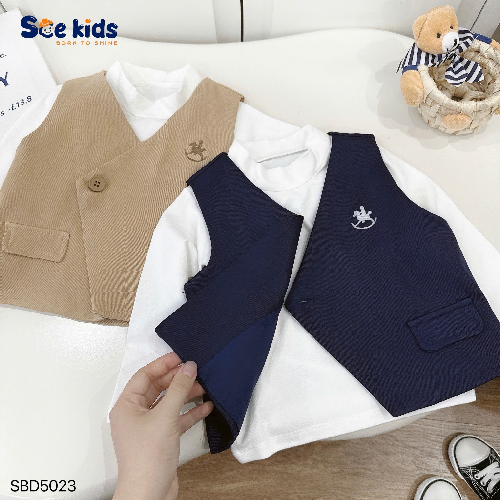 Set gile thêu ngựa 3 chi tiết (áo cổ lọ, gile, quần) bé trai, bộ gile công tử thanh lịch bảnh bao