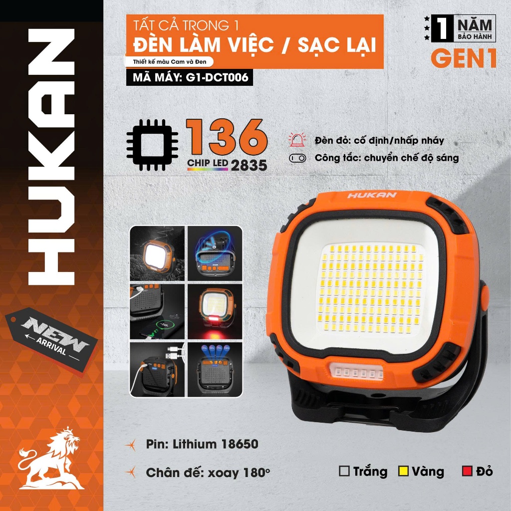 Đèn LED làm việc sạc lại HUKAN G1-DCT006, Dùng 5-8h, 4 Cấp chỉnh sáng, 4 Màu đèn, 2 Chế độ cảnh báo