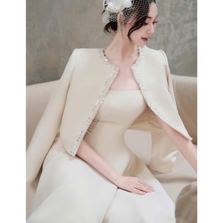 MIMI CLOTHING - Set váy đầm kem dáng dài phối áo khoác lửng đính viền ngọc trai