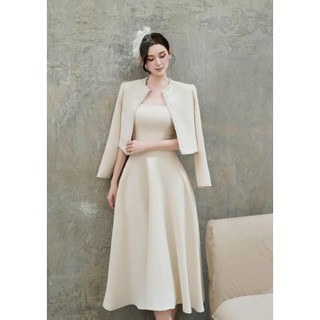 MIMI CLOTHING - Set váy đầm kem dáng dài phối áo khoác lửng đính viền ngọc trai
