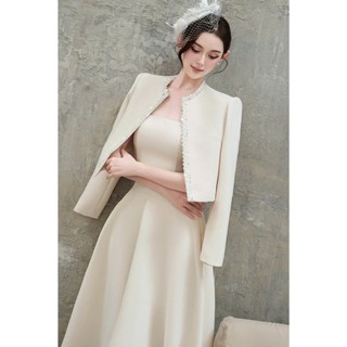 MIMI CLOTHING - Set váy đầm kem dáng dài phối áo khoác lửng đính viền ngọc trai