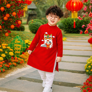 Áo dài cách tân mặc tết bé trai chất nhung, Sét Áo dài thiết kế bé trai mặc tết họa tiết lân 2026 DA12 - BEEKIDS