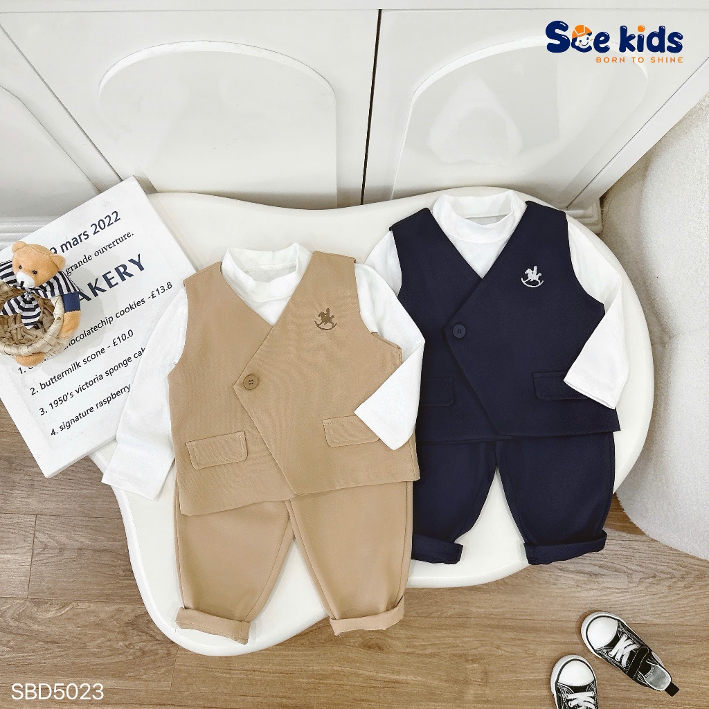 Set gile thêu ngựa 3 chi tiết (áo cổ lọ, gile, quần) bé trai, bộ gile công tử thanh lịch bảnh bao
