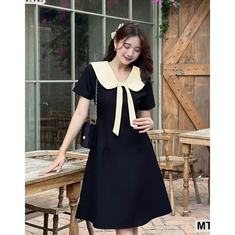Đầm thiết kế cổ nơ dáng A, Đầm suông cổ nơ dành cho nữ, Đầm thiết kế đi làm đi chơi đều đẹp OHA02