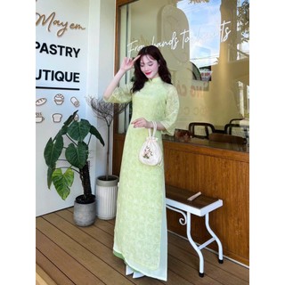 Áo dài VIÊN MINH cách tân nữ 2 lớp 4 tà tay lỡ 3 màu hồng sen, be,xanh cốm có lớp lót bo viền,Tết
