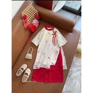 Áo dài cách tân cho bé gái màu hồng, màu đỏ thêu hoa size 10-40kg, Áo dài tết cho bé gái chất tơ mềm