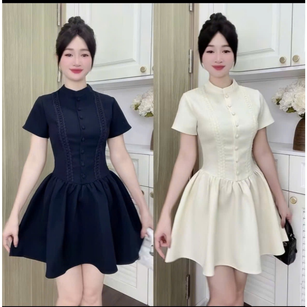 ĐẦM CỔ TRỤ TAY NGẮN TRẮNG XANH – THIẾT KẾ THANH LỊCH, TÔN DÁNG VÀ SANG TRỌNG