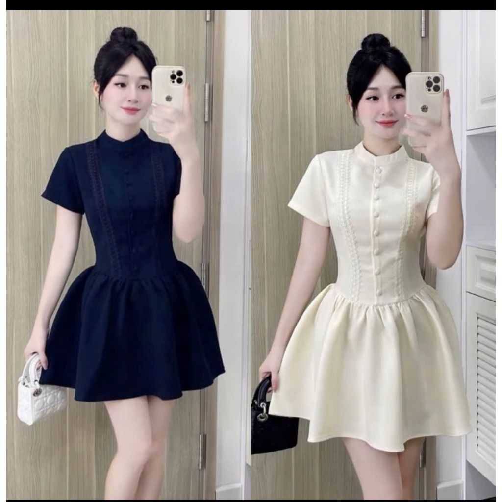 ĐẦM CỔ TRỤ TAY NGẮN TRẮNG XANH – THIẾT KẾ THANH LỊCH, TÔN DÁNG VÀ SANG TRỌNG