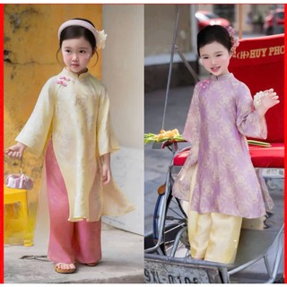 Áo dài cho bé gái sắc hồng tím đính nơ, áo dài tết cho bé gái chất gấm cao cấp sz 10-40kg
