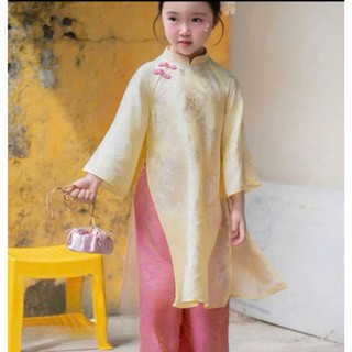 Áo dài cho bé gái sắc hồng tím đính nơ, áo dài tết cho bé gái chất gấm cao cấp sz 10-40kg