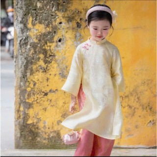 Áo dài cho bé gái sắc hồng tím đính nơ, áo dài tết cho bé gái chất gấm cao cấp sz 10-40kg