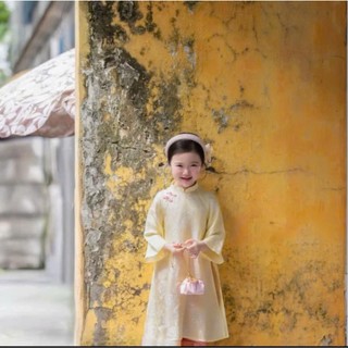Áo dài cho bé gái sắc hồng tím đính nơ, áo dài tết cho bé gái chất gấm cao cấp sz 10-40kg