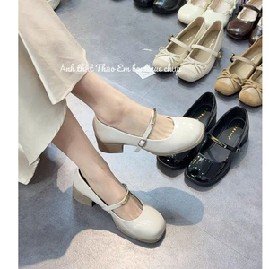 Giày búp bê nữ mũi tròn quai ngang phối khuy chữ đế cao 4-5p cá tính