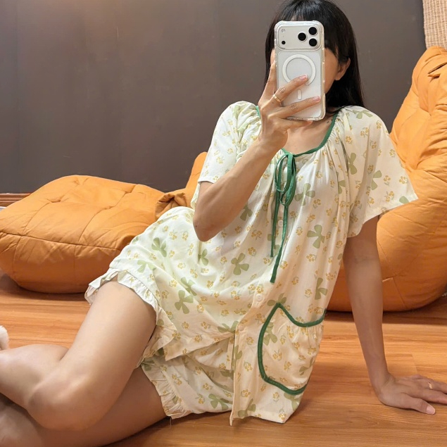 Bộ tole lanh đùi tay ngắn, áo 1 túi, cổ cột nơ 40-75kg - Nocnhasleepwear