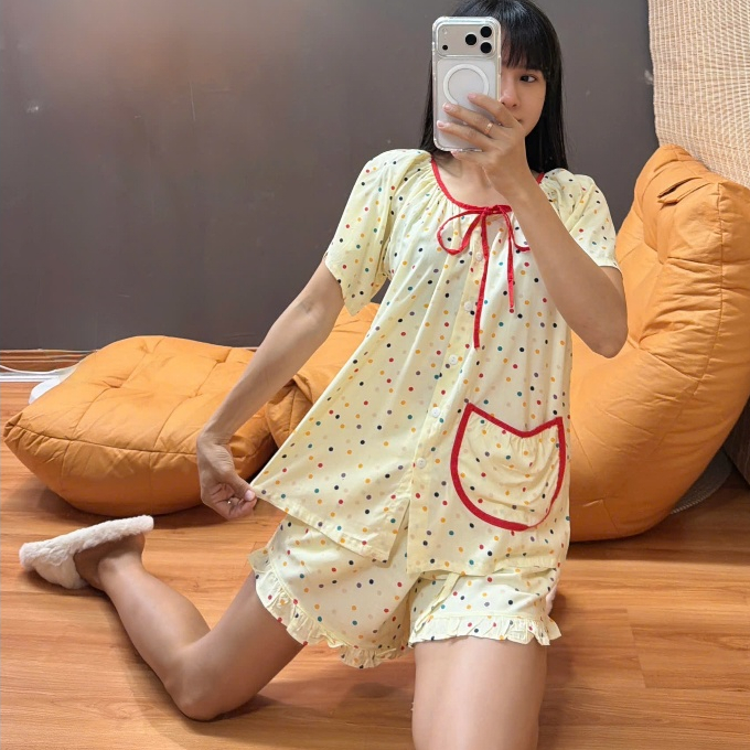 Bộ tole lanh đùi tay ngắn, áo 1 túi, cổ cột nơ 40-75kg - Nocnhasleepwear