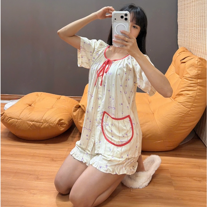 Bộ tole lanh đùi tay ngắn, áo 1 túi, cổ cột nơ 40-75kg - Nocnhasleepwear