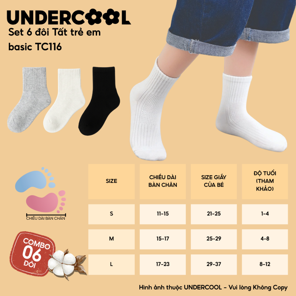 SET 6 đôi Tất Trẻ Em Basic UNDERCOOL Chất Cotton co giãn, Thoáng Khí, Chống Tuột Dành Cho Bé 1-12 Tuổi Live - TC116