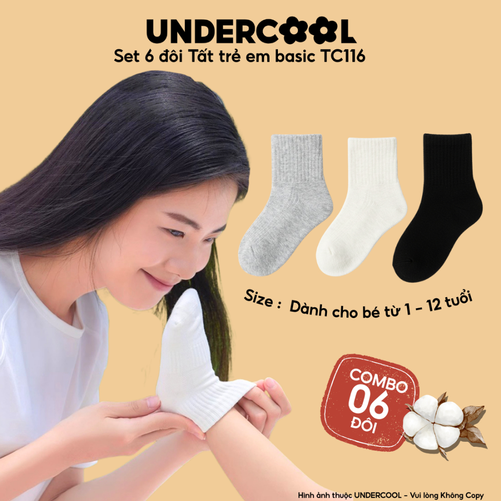 SET 6 đôi Tất Trẻ Em Basic UNDERCOOL Chất Cotton co giãn, Thoáng Khí, Chống Tuột Dành Cho Bé 1-12 Tuổi Live - TC116