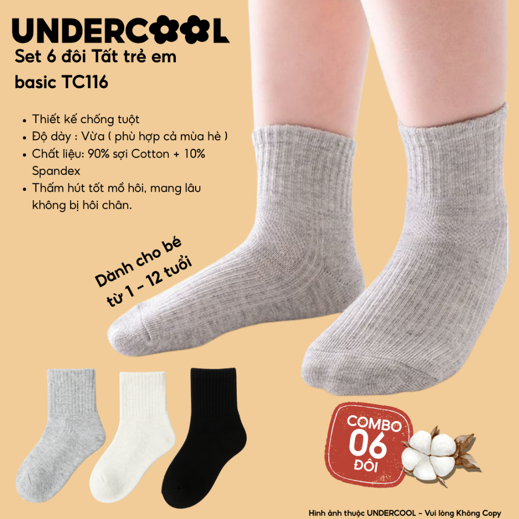 SET 6 đôi Tất Trẻ Em Basic UNDERCOOL Chất Cotton co giãn, Thoáng Khí, Chống Tuột Dành Cho Bé 1-12 Tuổi Live - TC116