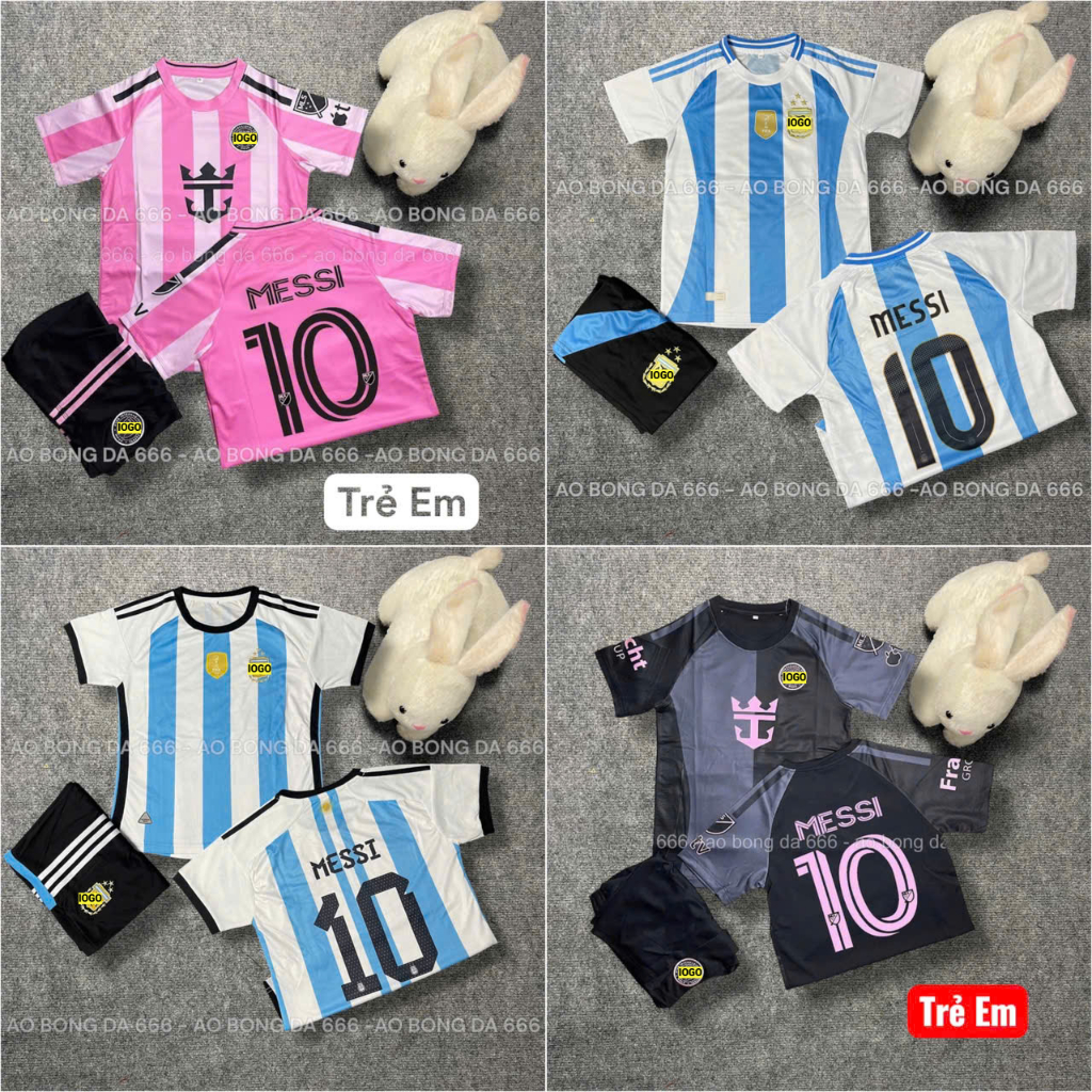 ✅Free Ship✅ Áo Bóng Đá, Áo Đá Banh Trẻ Em In Sẵn Messi Số 10 - Vải Mè Thái Cao Cấp - In Sẵn Messi
