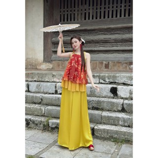 Sét yếm tơ Sơn Thủy mặc Tết,,yếm Trung Thu phối quần lụa suông ống rộng