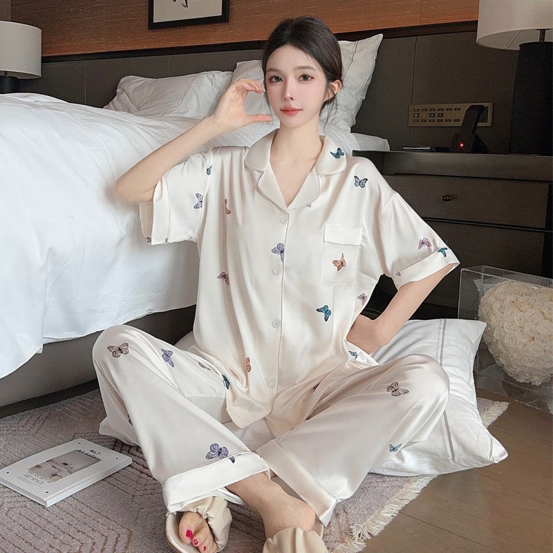 [Oder] Bộ đồ ngủ lụa băng mới cao cấp của phụ nữ mùa hè bướm in áo ngắn tay mặc nhà có thể mặc bên ngoài 2